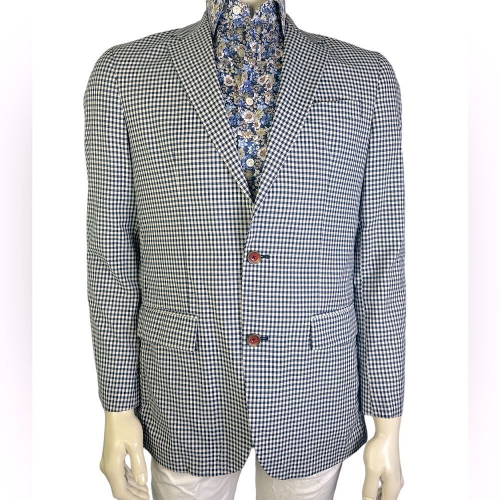 Robert Graham Casual 2 Button Navy/Cream Gingham Classic Fit Blazer Like New 36